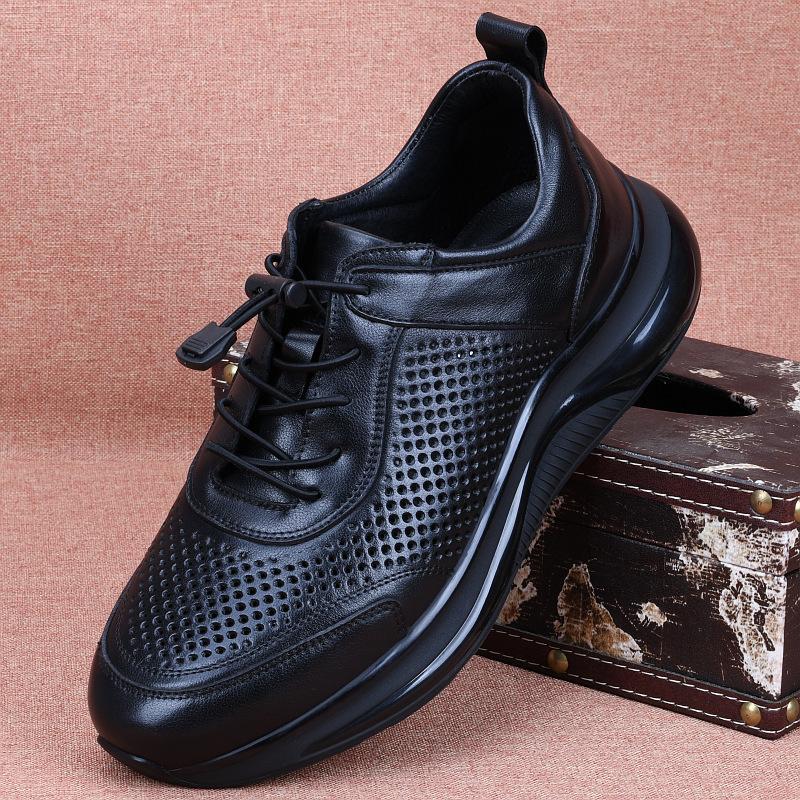 Leather hollow men's shoes breathable air cushion sports shoes full cowhide thick-soled casual punched leather shoes men