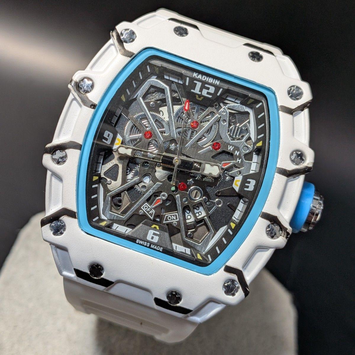 Used New watch Richard Mille type quartz homage watch rubber tonneau white blue sports luxury