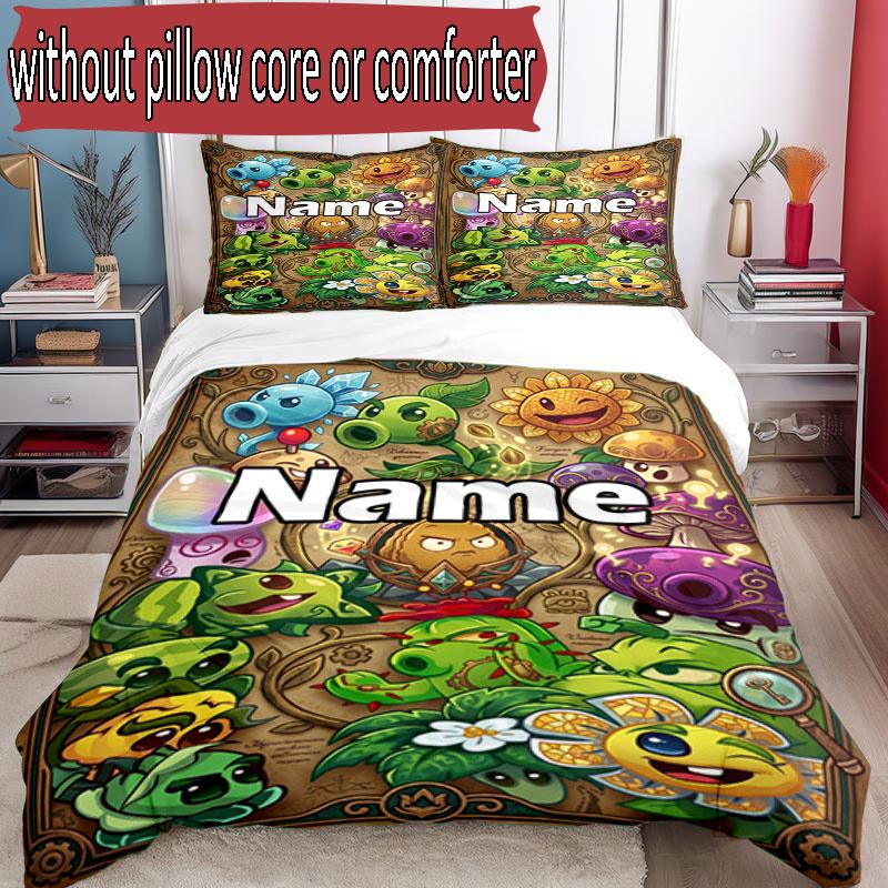 3pcs Duvet Cover Set (1*Duvet Cover + 2*Pillowcase, Without Core), Custom Name Plants VS Zombies Pattern Bedding Set, Home Bedroom Decor Gift