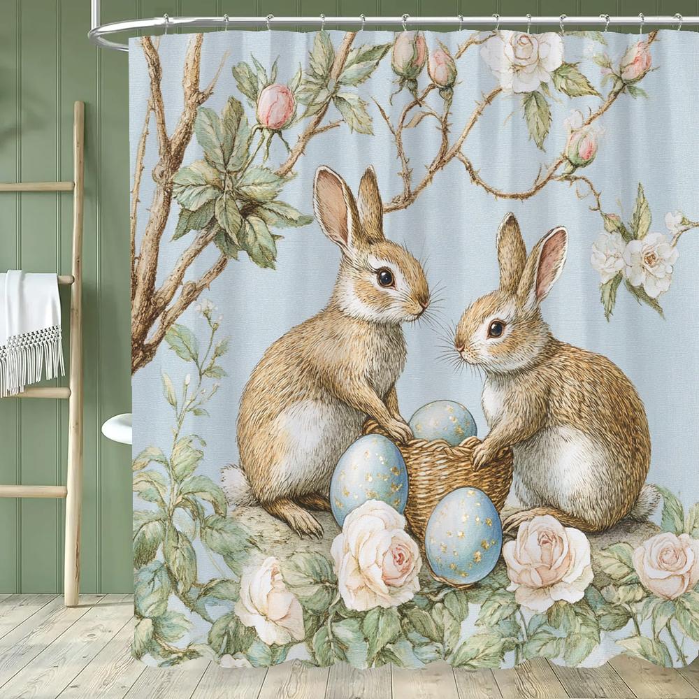Paaseieren Douchegordijn, Schattig Konijn Bedrukt Badkamer Decoratief Douchegordijn, Stof Huis Gordijn met Haken