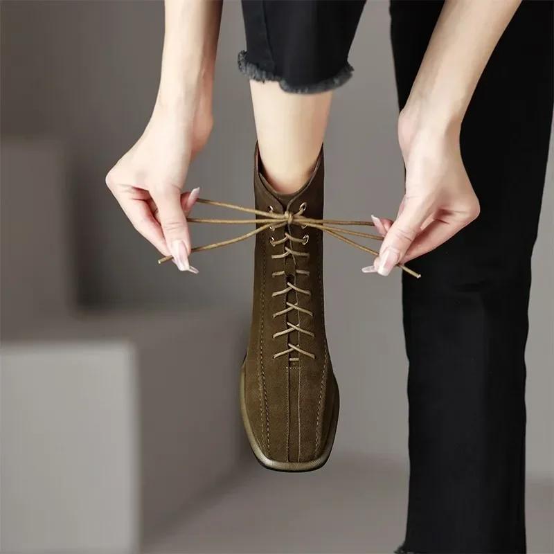 2025 Fashion Women's Shoes Back Zip Women's Boots Fashion Front Lace-up Modern Boots Women Hot Sale Square Heel Ankle Boots