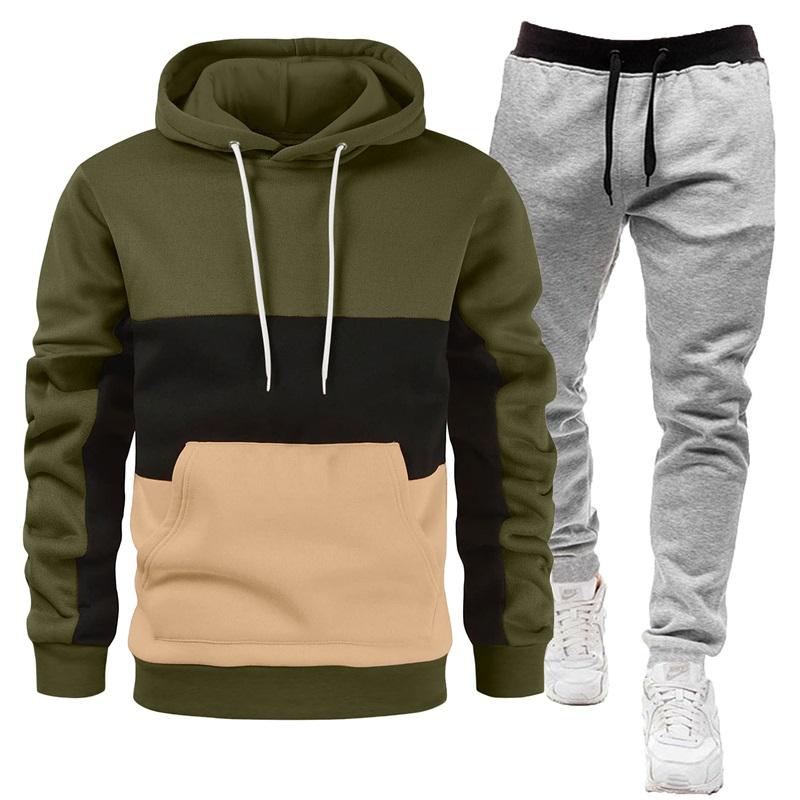 Men's Color Block Hoodie & Sweatpants Set Casual 2PCS Tracksuit, Drawstring Sportswear Outfit