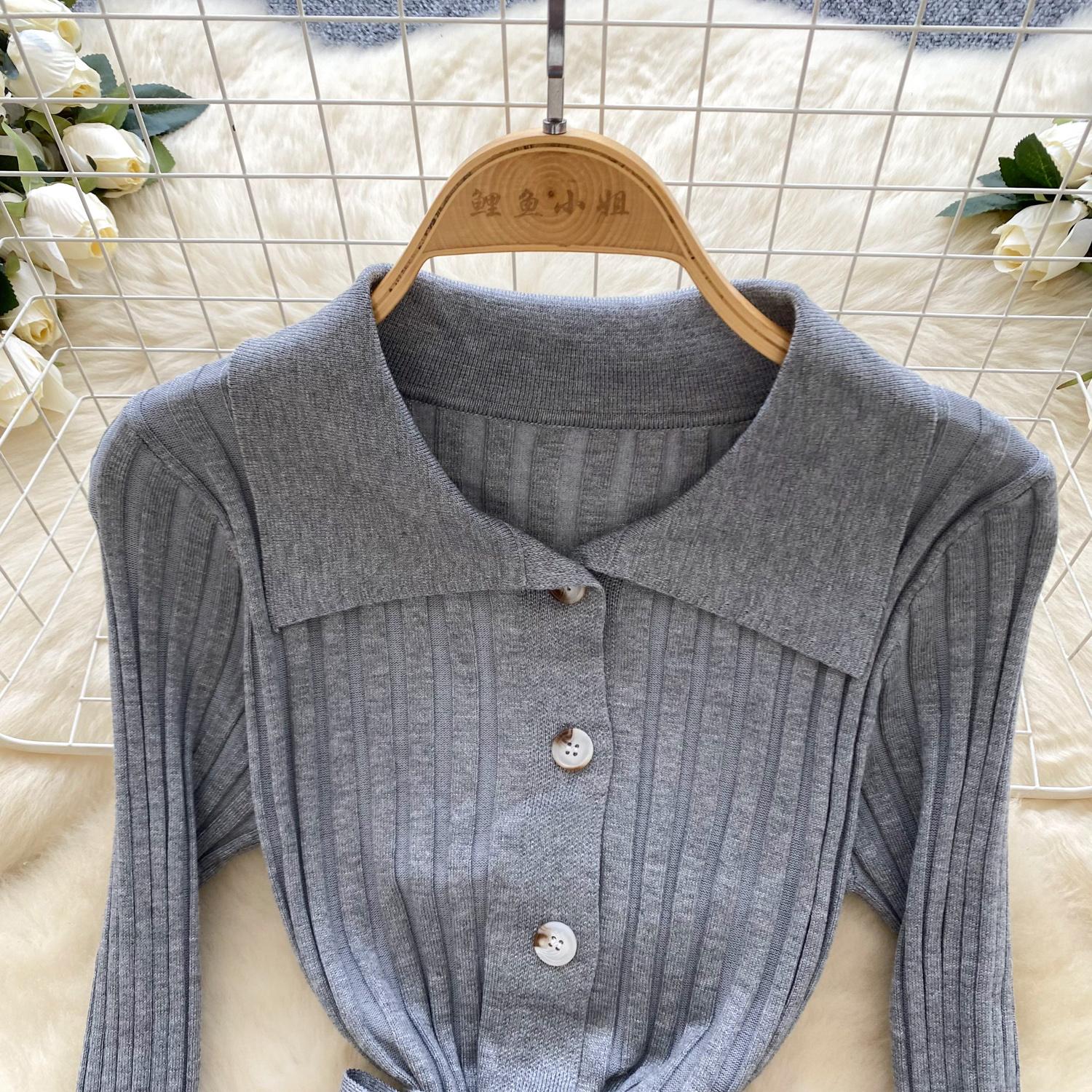 Винтажное отложной воротник элегантное длинное рукав однобортное бандажное трикотажное — фото 16