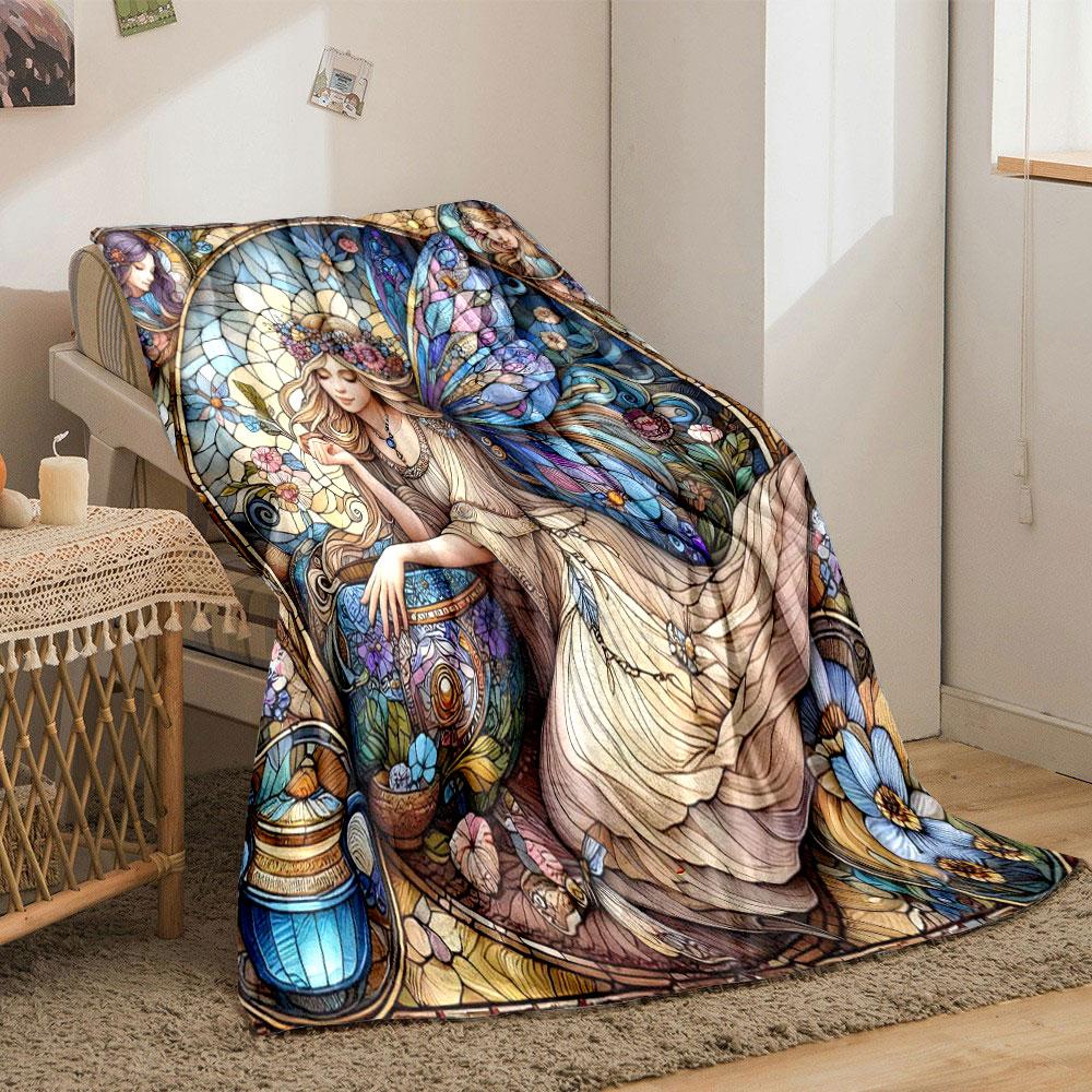 1PC Stained Glass Fairy Print Blanket Flannel Soft Comfort Home Travel Blanket Kids Warm Blanket Picnic RV Luxury Gifts