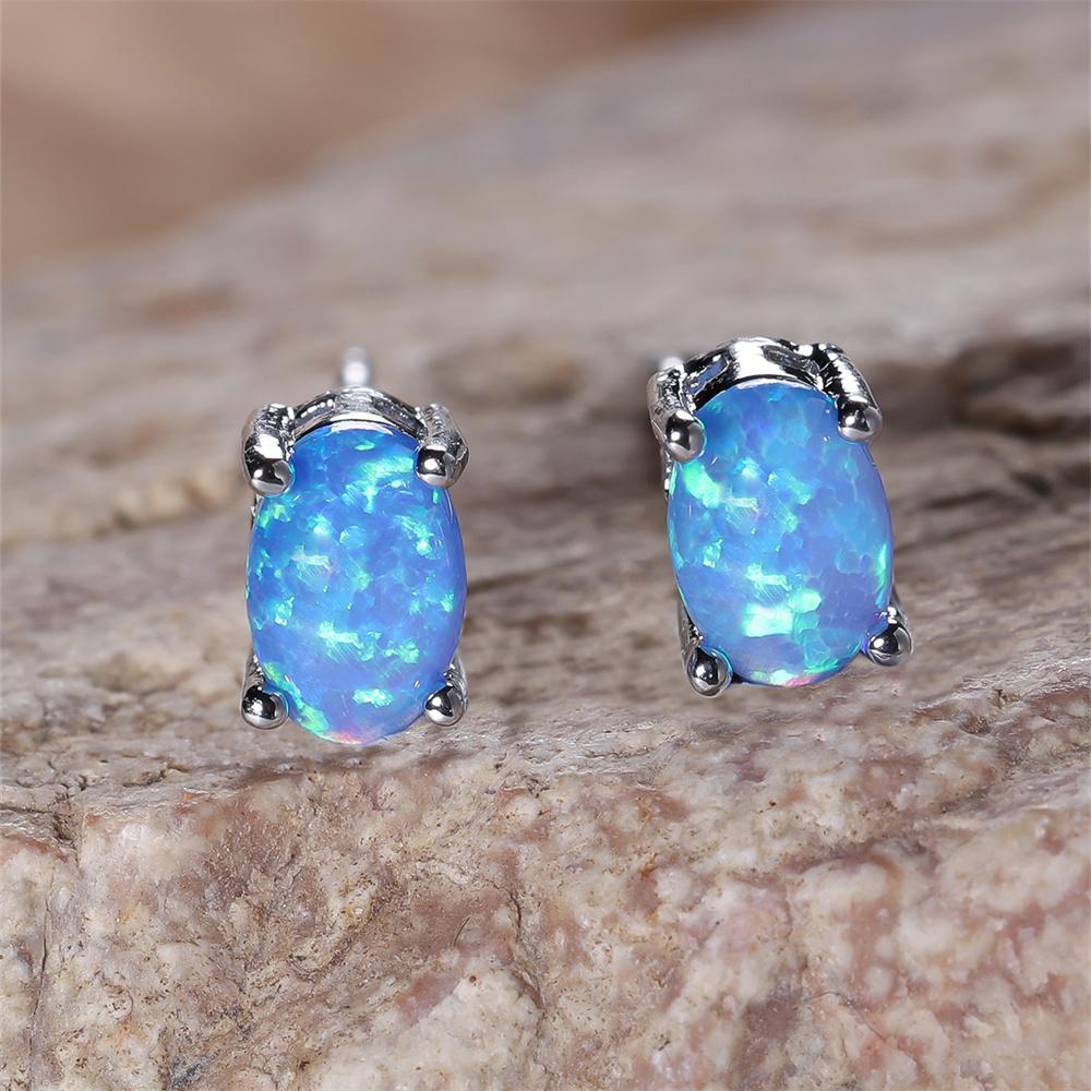 White Blue Green Opal Oval Stone Small Stud Earrings For Women Boho Fashion Silver Color Wedding Jewelry Bridal Engagement Gifts