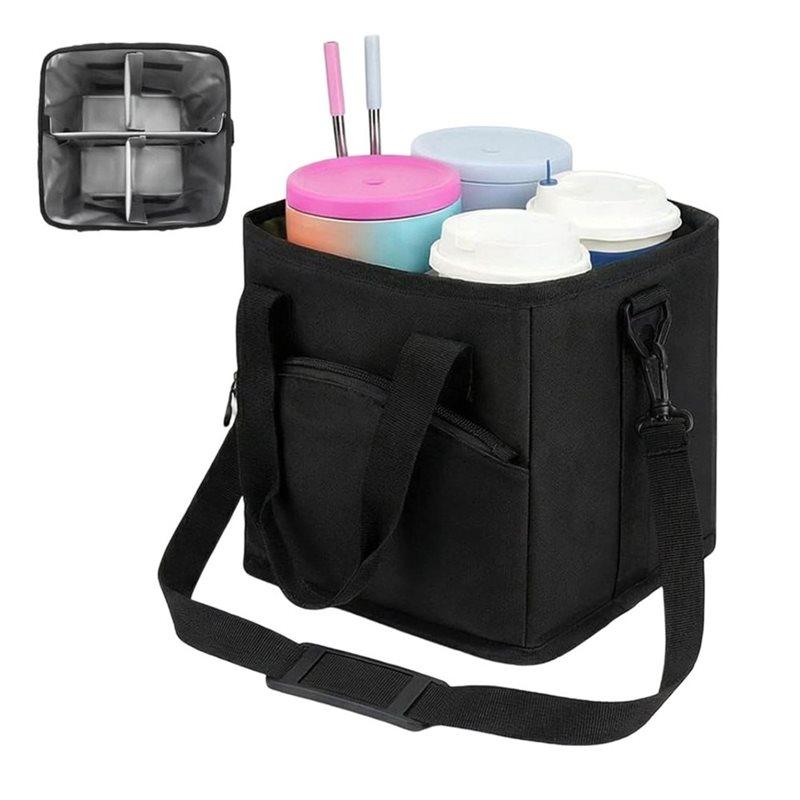 A25F-4 Compartment Drink Bag, Multiple Tumbler Holder Caddy With Adjustable Strap, Drink Caddy Tote Bag For Travel, Hiking