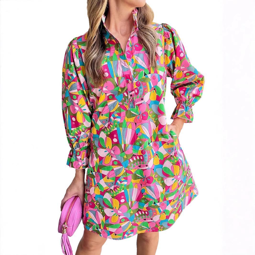 

SHIYING Women s Geometric Pattern High-Waist Midi Dress with Button Collar and Bubble Sleeves. S розовый