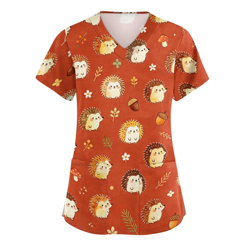 Women's V Neck Short Sleeve Work Top with Pockets Animal Print Medical Scrub Shirt for Healthcare Professionals Nursing Uniform