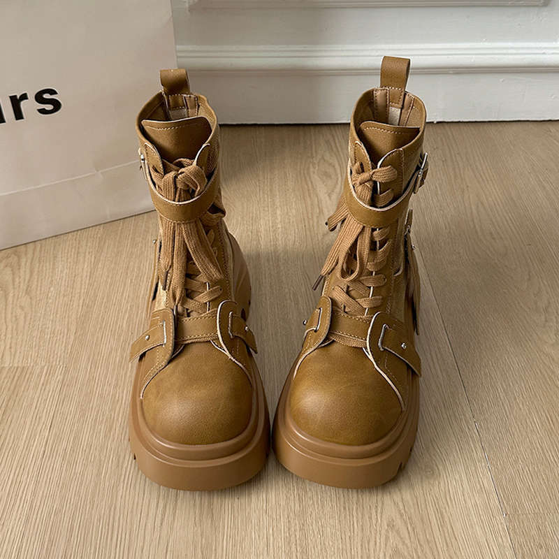 

Thick-soled canvas big-headed Martin boots women s 2025 autumn and winter new medium tube short boots small high-heeled locomotive boots 40 коричневый