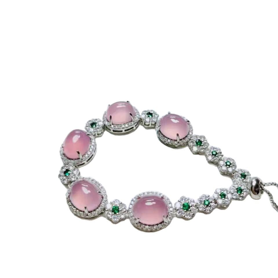 Light Luxury Ice Pink Oval Bead Four-piece Necklace Earrings Ring Bracelet Diamond Dinner Dress Temperament Jewelry Set