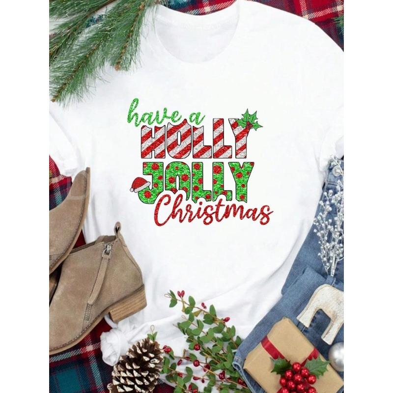 (European Size) New Year Holiday Lovely Trend 90s Tee Merry Christmas Top Festival Casual Women Print Lady Short Sleeve Fashion Graphic T-shirts