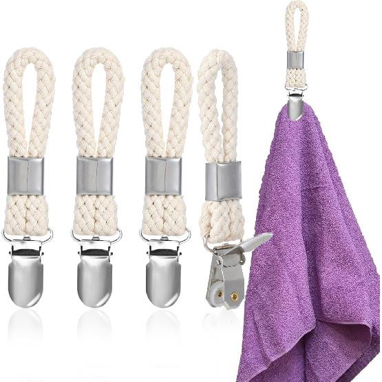 4 Pcs Towel Clips for Kitchen, Kitchen Towels Clips with Hanging Loop, Towel Hangers for Bathroom Home Cupboards Cloth Hanger Holder(Beige)