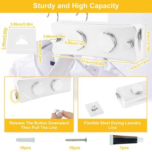 Indoor Clothes Drying Wire, 5.1m Long, 20kg Load Capacity, Double-Size Clothes Drying Wire, Wall-Mounted, Retractable, Built-in, Stainless Steel, for