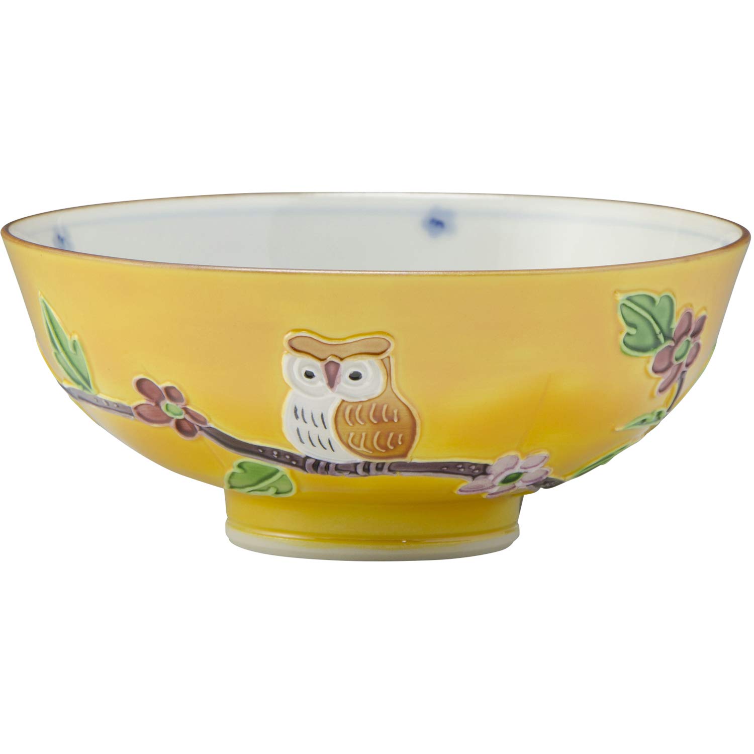 Kyoto ware, Kiyomizu ware, Shoho Kiln, Small rice bowl, Yellow Kouchi owl design, LHK433-02