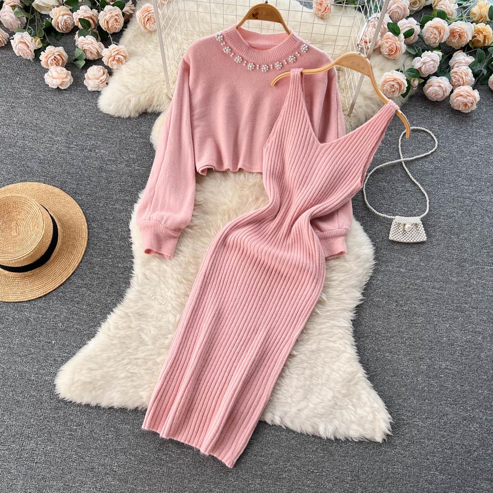 

New Autumn Fashion Knitted 2 Piece Set Women Breading Long Sleeve Pearl Top+Knitted Camis Dress Female Sweater Suits 2026 Korea One Size рожевий