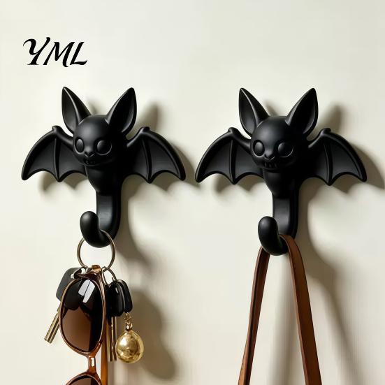 Space Saving Hooks for Apartment 2Pcs 3D Printed Bat Hanging Hooks, Decorative Wall Hangers Keys Unique Shaped Towels Bags, Adhesive Halloween