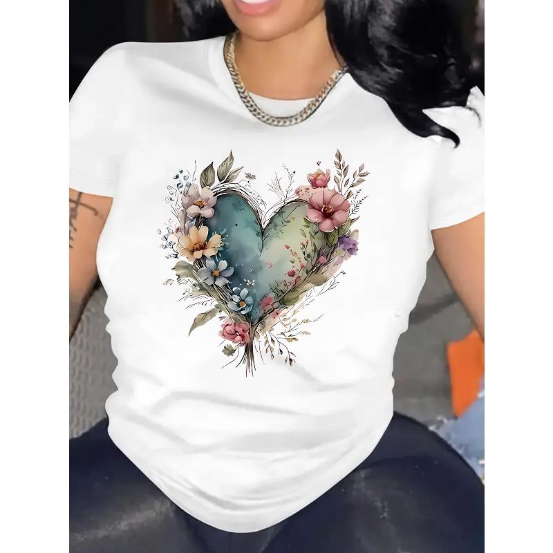 

Floral Heart Graphic Women s Fashion Casual Sports T-Shirt Top, Short Sleeve, Round Neck, Leisure Style 4XL