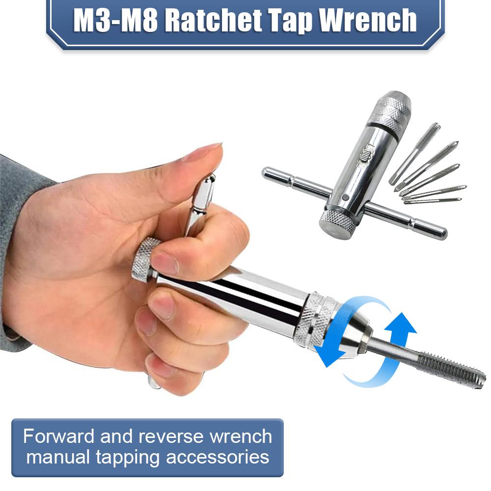 Adjustable Silver T-handle Ratchet Tap Holder Wrench Set Hand Tools With 5pc M3-m8 Machine Screw Thread Metric Plug T-shaped Tap