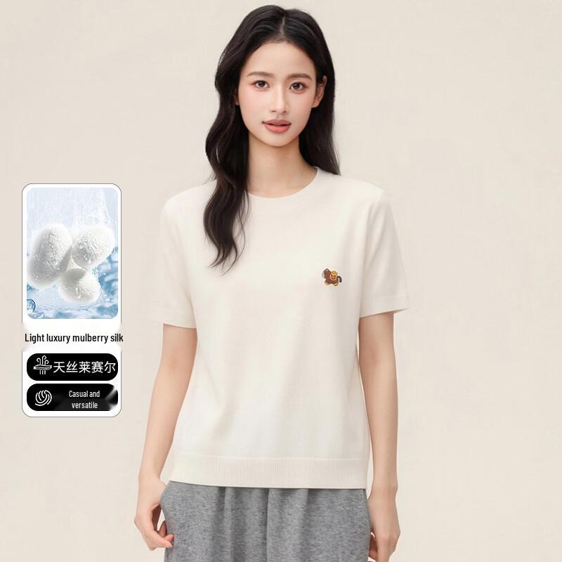 SNOWFLYING Women s Lyocell Blend Embroidered Short Sleeve Knit Top M