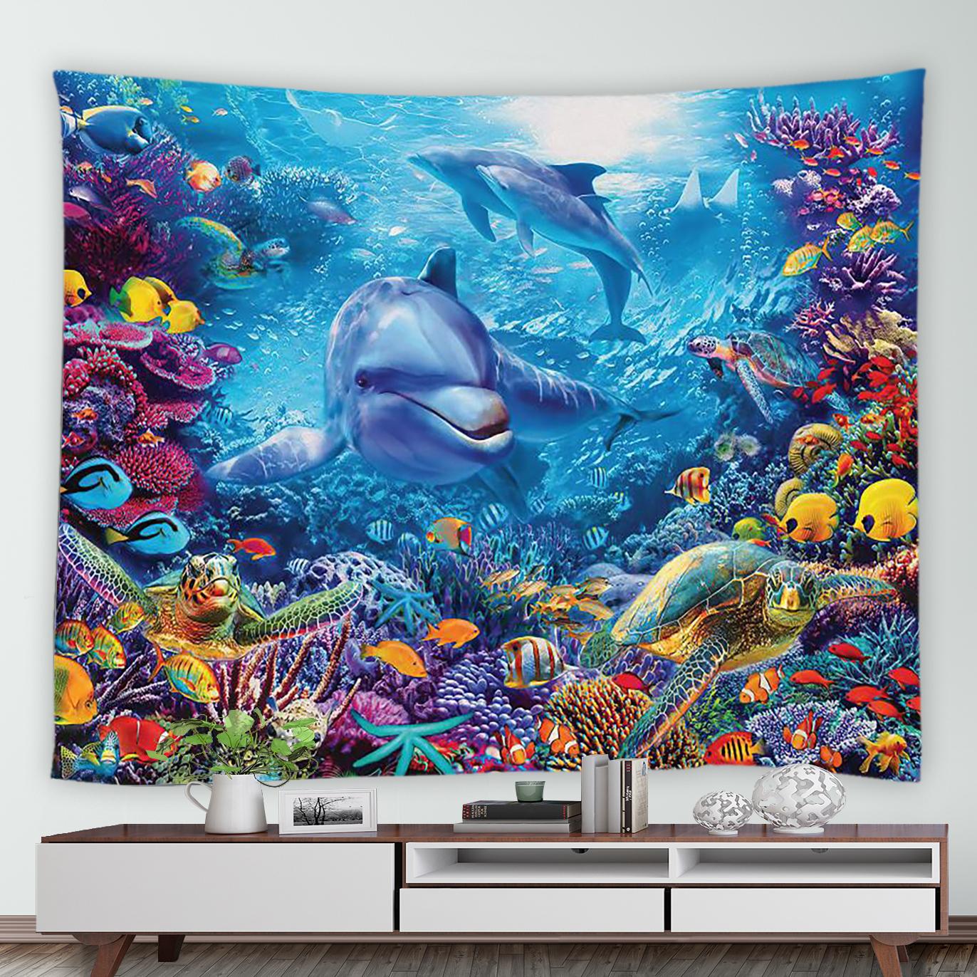 

Гобелен с морскими животными, рыбой, черепахой, дельфином, принтом, для дома, гостиной, спальни, Настенный декор, тканевый гобелен 230x150cm