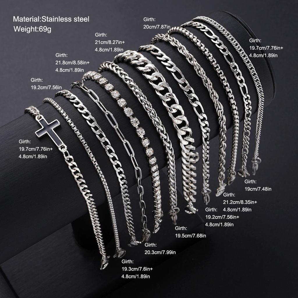 12Pcs/Set Silver Color Simple Stylish Punk Hip-Hop Stainless Steel Cross Rhinestones Chain Bracelet Set for Men Women Jewelry