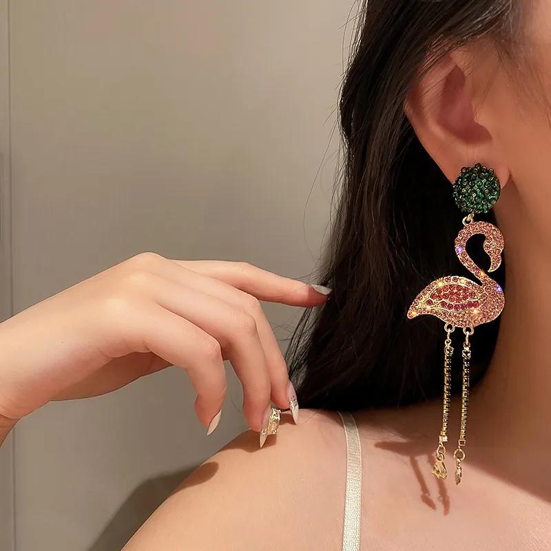 Pink Birds Crystal Earrings for Women Bijoux Long Tassel Rhinestone Dangle Earrings Statement Zircon