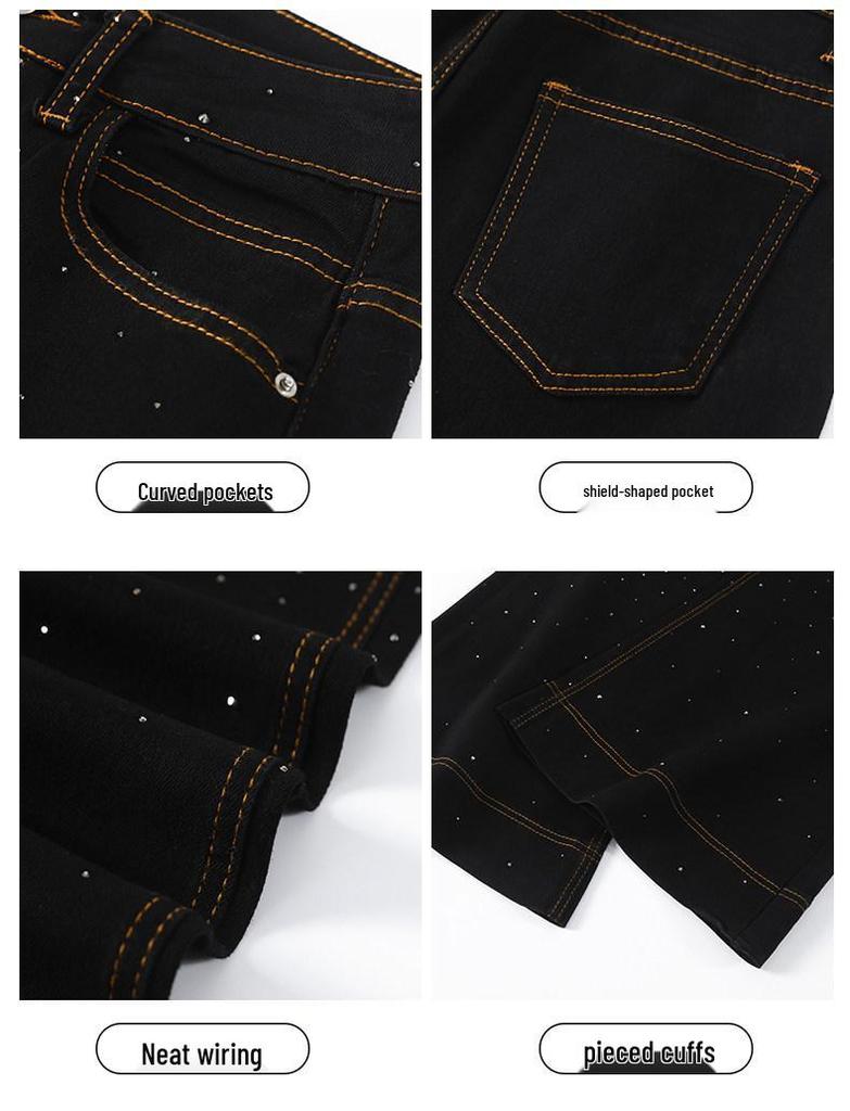 Women's Retro Black Gypsophila Wide-Leg High-Waisted Rhinestone Jeans with Elastic Fit and Velvet Lining