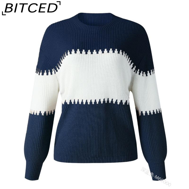 BITCED Color-Block Striped Sweater with Lantern Sleeves Women's O-Neck Top in European Style