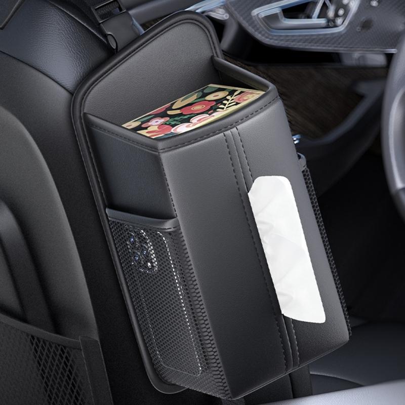 Easy to Install Vehicle Seat Mounted Tissue Holder and Storage Bag for Tissues and Small Items Waterproof Leather