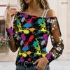 Plus Size Women Slanted Shoulder Long Sleeve Top Boho Abstract Floral Print Mesh Lace Splicing Blouse