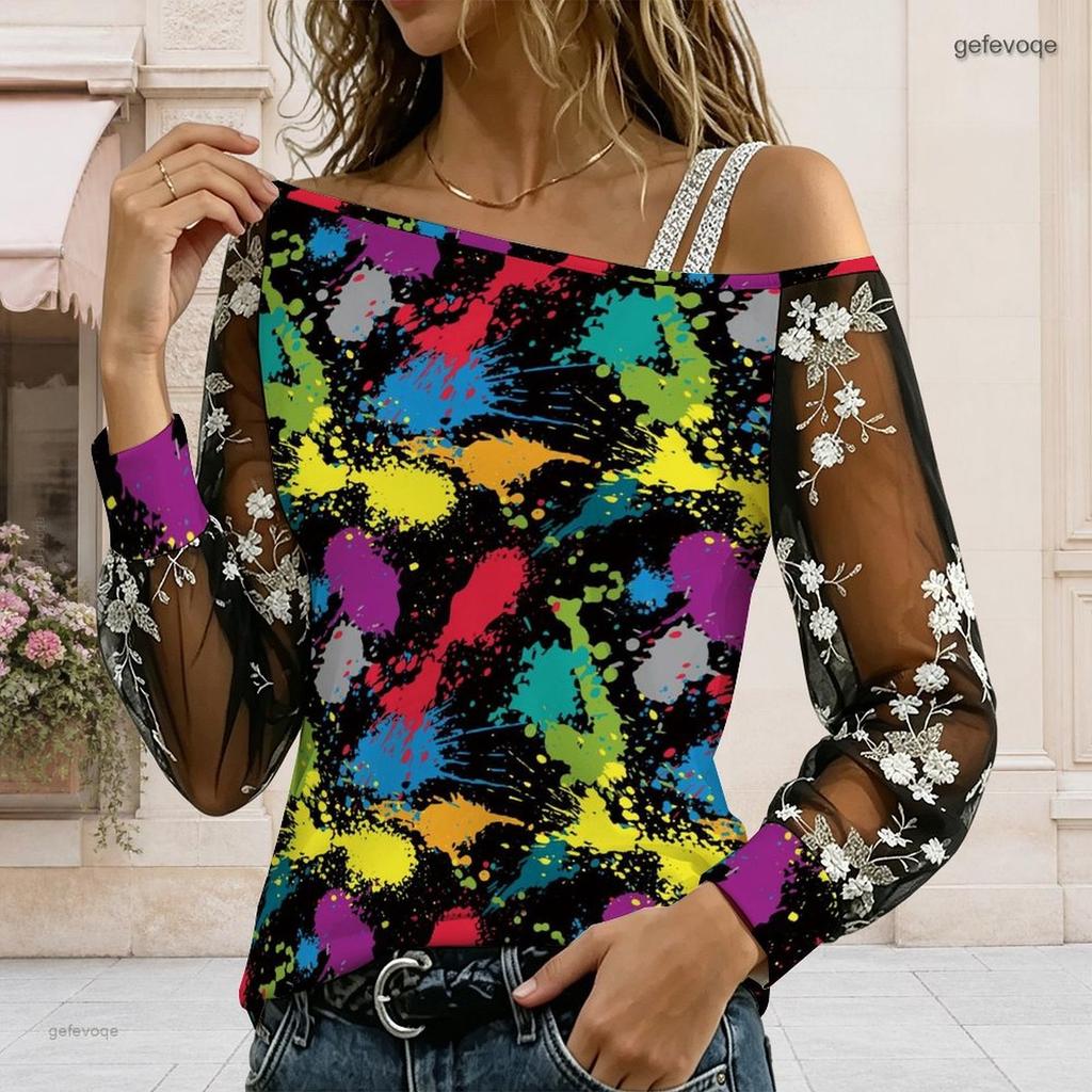 Plus Size Women Slanted Shoulder Long Sleeve Top Boho Abstract Floral Print Mesh Lace Splicing Blouse