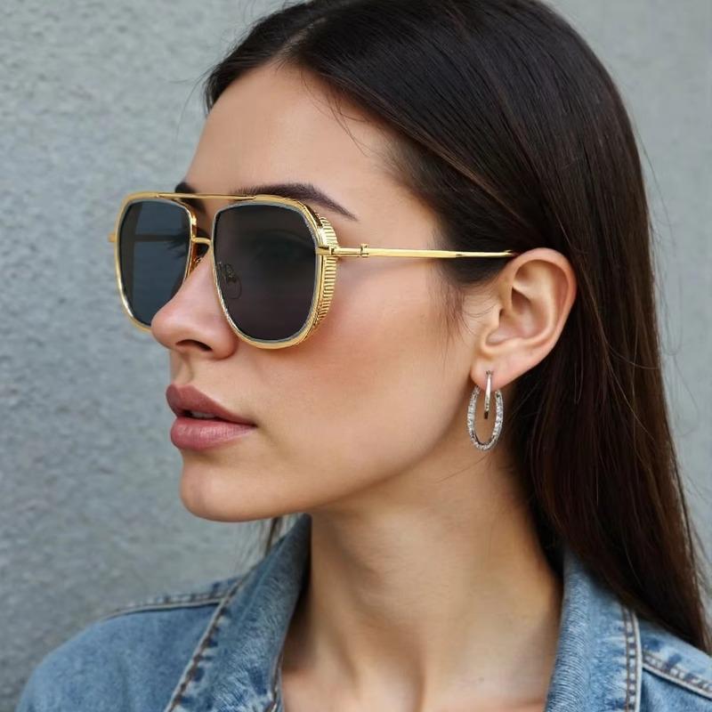 Non-polarized Fashion Steam Punk Double Girder Sunglasses Men Women Metal Square High Definition Driving Eyeglasses