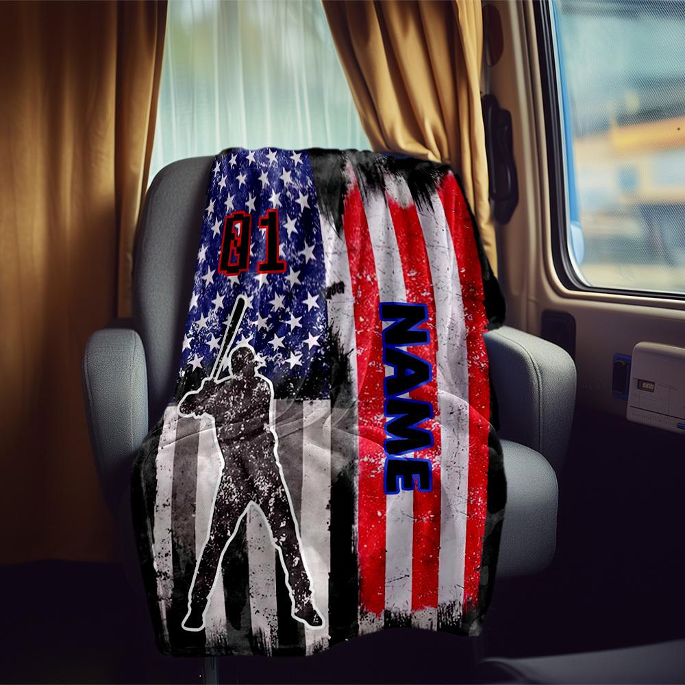 Baseball Player American Flag Customize Your Name Rv Blanket Comfortable Soft Lightweight Perfect For Travel Camping Picnics Sofas Rvs Bedding Living