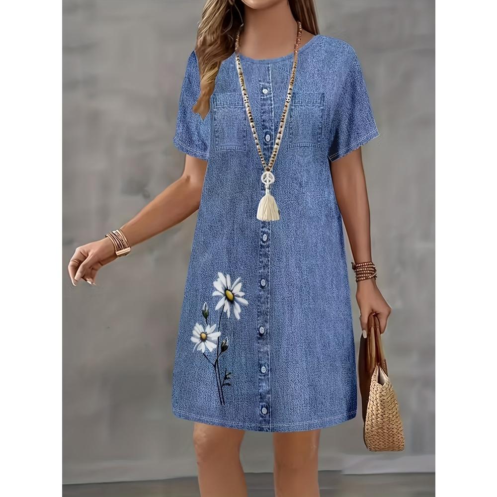 Women's Daisy Print Faux Denim Midi Dress Summer Casual Short Sleeve Fake Button Front A Line