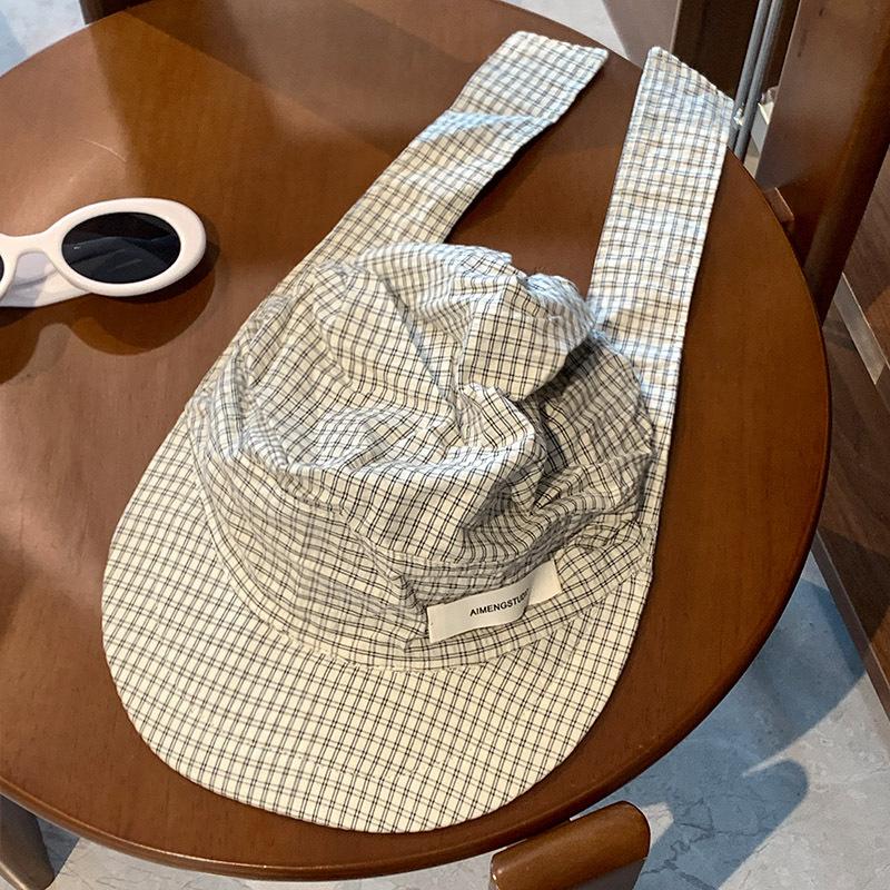 Spring and Summer Korean Style Literary Checkered Straps for Women with A Small  Versatile Flat Brimmed Baseball Cap Sun Protection Sun Hat