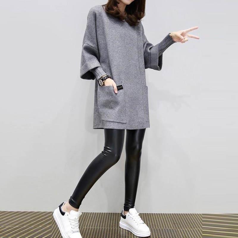 

Women Neck Round Long Sleeve Solid Patchwork Hoodie Loose Pocket Sweatshirt Tag 4XL=US 2XL сірий