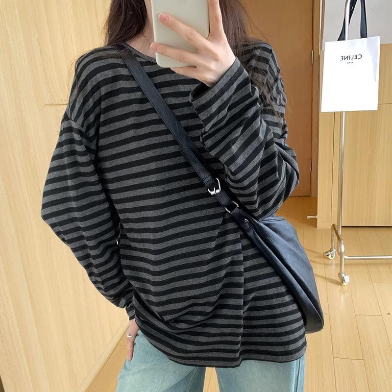 Casual Lazy Style Long Striped Contrasting Color Round Neck Long-sleeved T-shirt Women's Early Spring Simple Commuter Bottoming Shirt