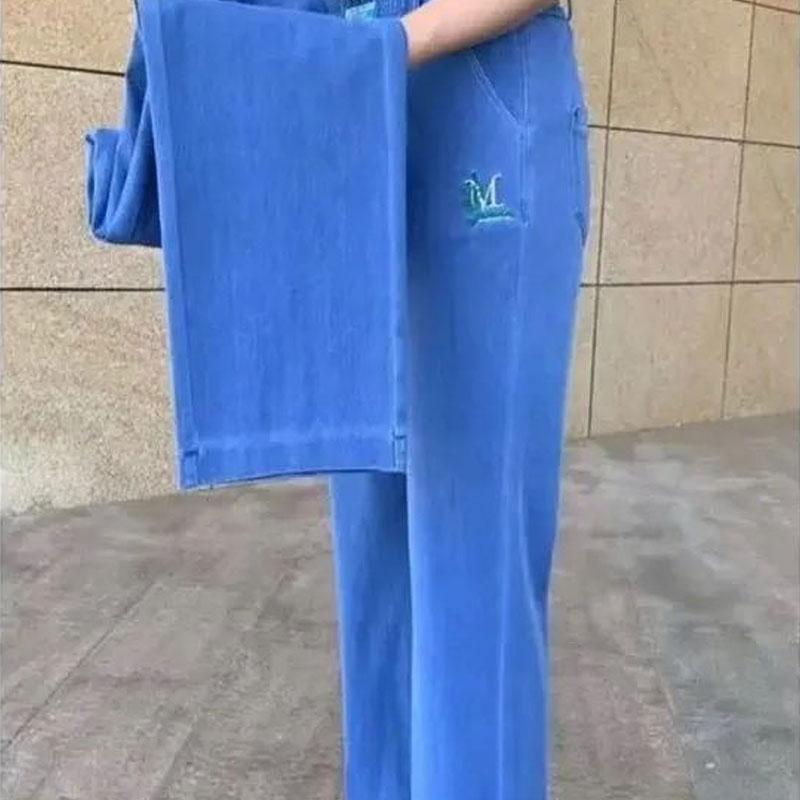 Spring Summer Denim Straight Pants Elastic Women's Pockets Spliced Embroidery High Waist Trousers
