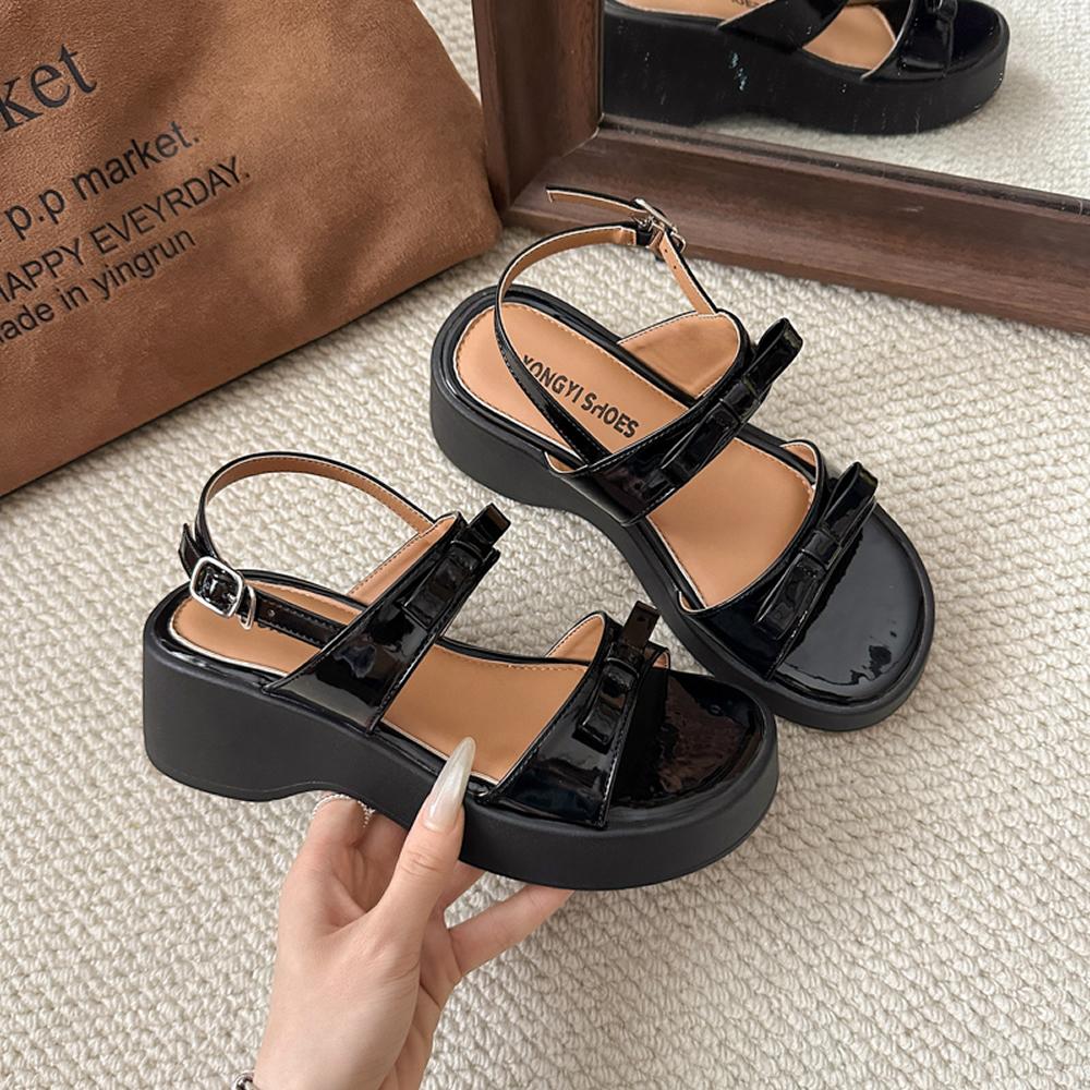 2025 Sandals Bow Shoes Clogs With Heel Open Toe Increasing Height New Retro Thick Summer Girls Peep Gladiator Scandals Rome