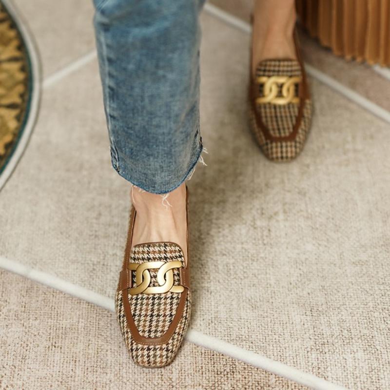 Fashion HOT SALES Women Loafers Square Toe Chunky Heel Shoes for Women Spring Women Shoes Lattice Women Pumps Cow Leather Handmade Shoes