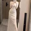 Suspender Dress Printed Pleated Mesh Outer Wear Inner Slim and Thin Temperament Fairy Pure Desire Style Design Long Dress