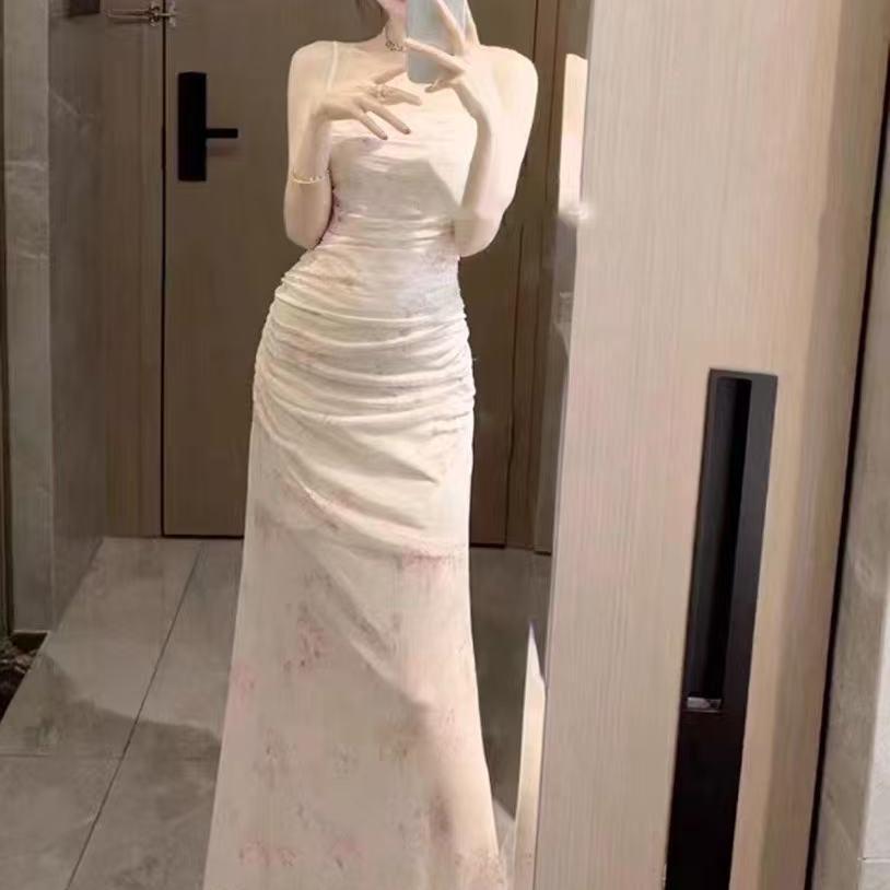 Suspender Dress Printed Pleated Mesh Outer Wear Inner Slim and Thin Temperament Fairy Pure Desire Style Design Long Dress