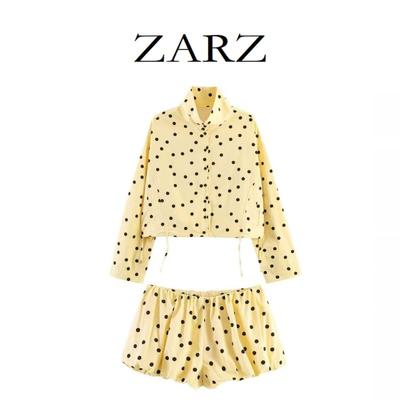 Womens Vintage Polka Dot Pleated Long Sleeve Top Balloon Shorts Set