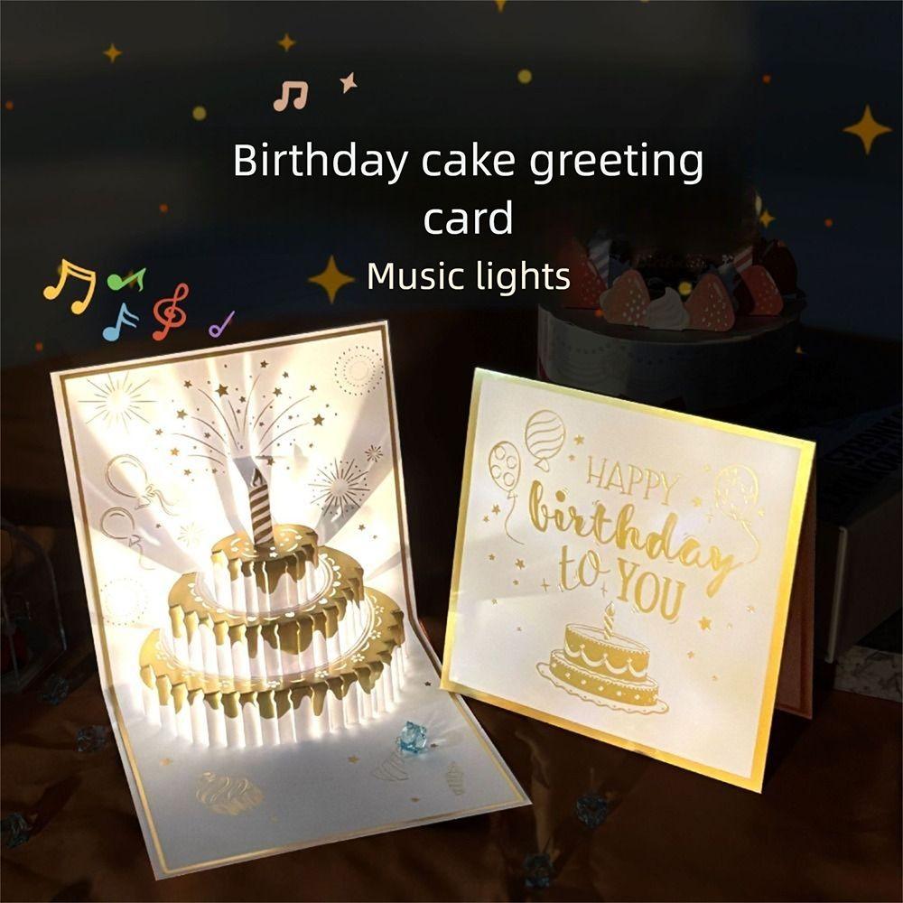 Fireworks Effect Happy Birthday Card Musical and Light Birthday Cake Postcards  Birthday Gift
