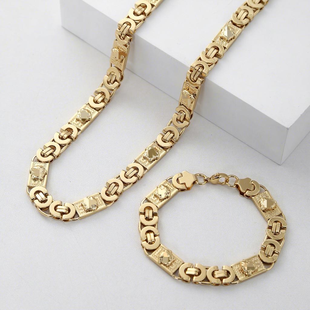 Vintage Embossed Byzantine Chain Jewelry Set for Men Heavy Carved 11mm Necklace & Bracelet Gold Tone Hip-Hop Streetwear Jewelry