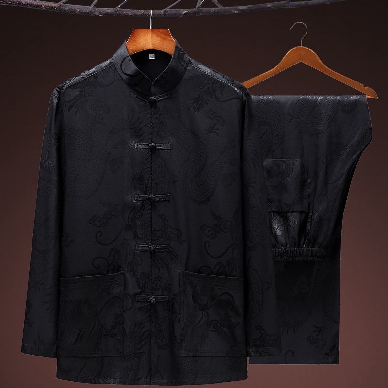 Terno Tang de Seda Gelo para Primavera e Verão Masculino de Manga Comprida Camisa de Seda Terno para Exercício Matinal Hanfu