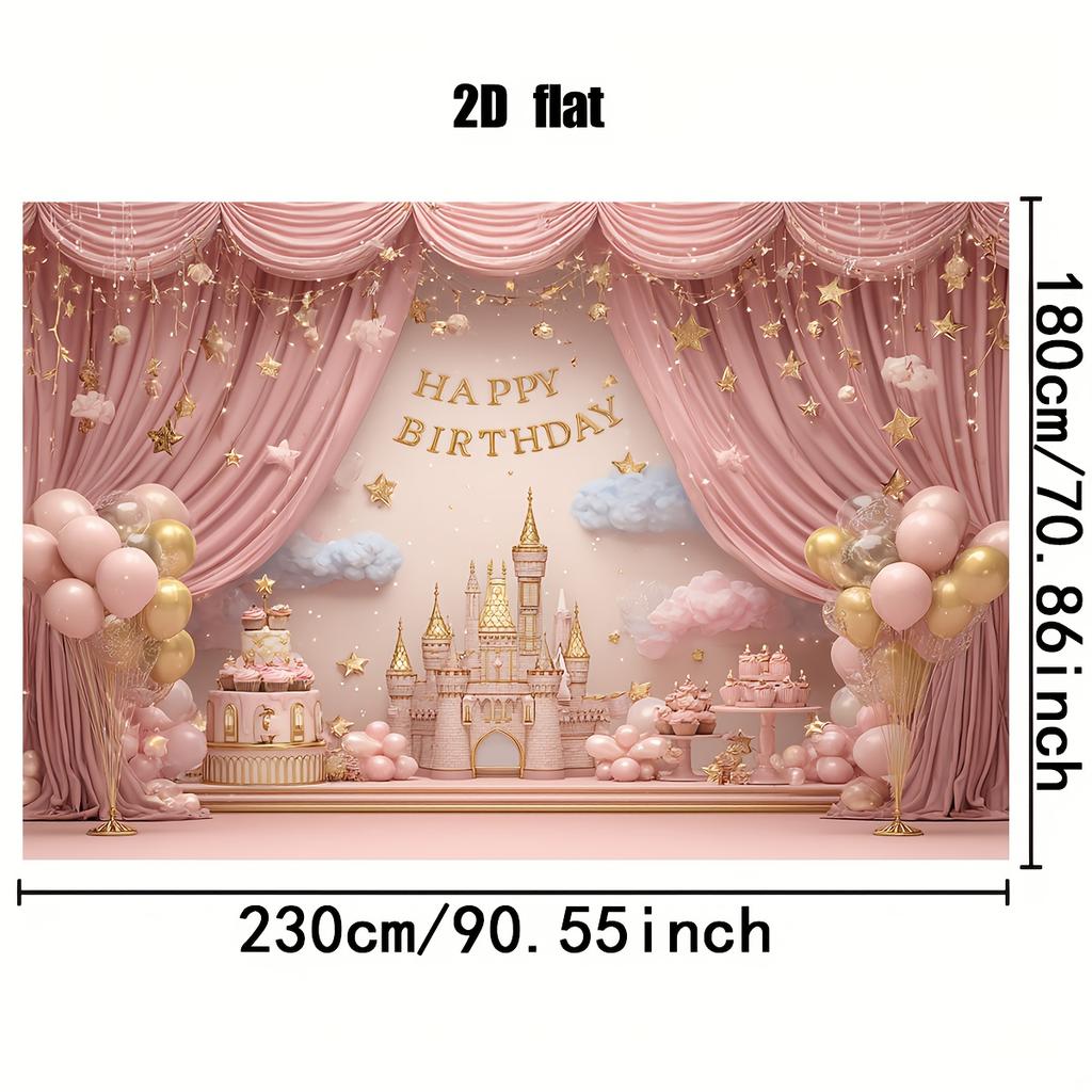 1 Piece 2D Flat Banner - Fantasy Castle Birthday Party Background: Stars, Balloons and Clouds Surround It.