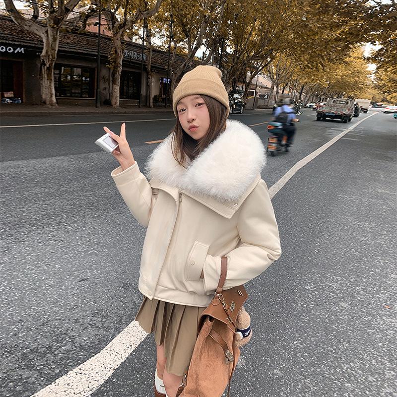 Women's Short Loose PU Winter Jacket Suede Bronzing Big Fur Collar