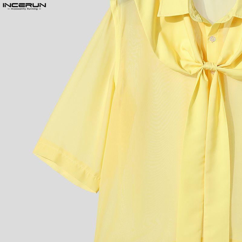 INCERUN Summer Men Lapel Short Sleeve Lace Mesh Sheer Casual Loose Shirts