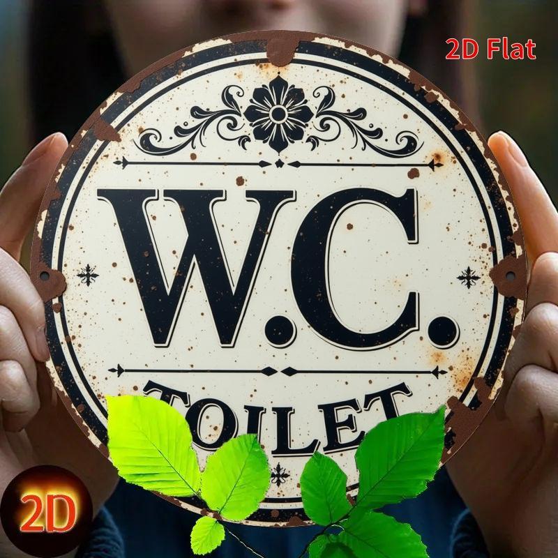 Vintage WC Toilet Sign. Round Aluminum Plaque with Floral Design for Farmhouse or Cafe.